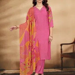 Anouk Pink Self Design V-Neck Beads and Stones Straight Kurta with Trouser & Dupatta-55