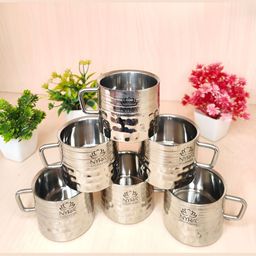 Nyra Kitchenware Steel 6 Pieces Textured Stainless Steel Cups With Handles-120mlEach-image-50