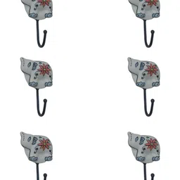 IndianShelf White & Blue 6 Pcs Elephant Printed Ceramic Wall Hooks-14