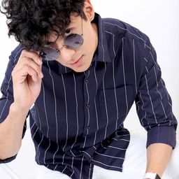 HIGHLANDER Men Cutaway Collar Vertical Striped Cotton Slim Fit Casual Shirt-picture-0