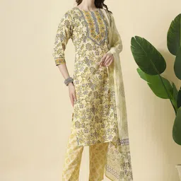 Yufta Women Ethnic Motifs Embroidered Regular Sequinned Pure Cotton Kurta with Trousers & With Dupatta-27