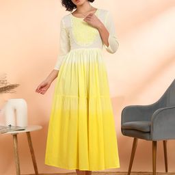 Maaesa Women Embroidered Cotton Blend Flared Yellow Dress-image-93