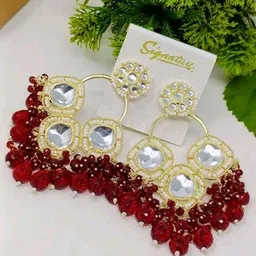 MADDY SPACE Silver-Plated Artificial Stones Studded And Beaded Drop Earrings image 3