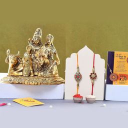 CraftVatika 5-Pcs Shiva Parvathi & Ganesh With Greeting Card & Roli Chawal Rakhi Gift Set-image-20
