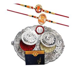 DeoDap Unisex Set of 2 Rakhis with Pooja Thali Roli Chawal Coin Greeting Card Gift Set-70