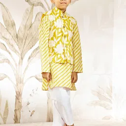 VASTRAMAY Boys Lehriya Printed Pure Cotton Straight Kurta With Pyjamas & Nehru Jacket-0