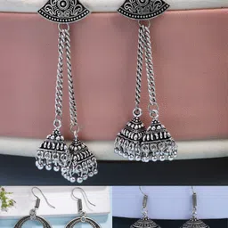 Anouk Set Of 3 German Silver Plated Oxidised Dome Shaped Jhumkas-34