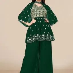 PARROT CREATION Embroidered Straight Sequinned Kurti With Palazzos And Dupatta-image-31