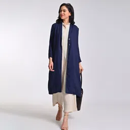 Saltpetre Women Navy Shawl Collar Long Jacket With Beige Top & Trouser Co-Ord Set-image-106