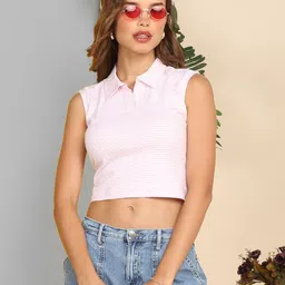 SZN Women Striped Polo Collar Slim Fit T-shirt-picture-27
