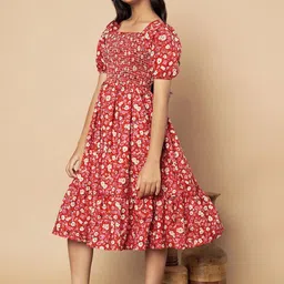 ZWERLON Floral Print Puff Sleeve A-Line Midi Dress-image-23
