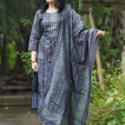 SRILICA Floral Printed Round Neck Thread Work Straight Kurta With Trousers & Dupatta-image-73