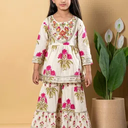 Readiprint Fashions Girls Floral Printed Pleated Pure Cotton Anarkali Kurta With Sharara-picture-0