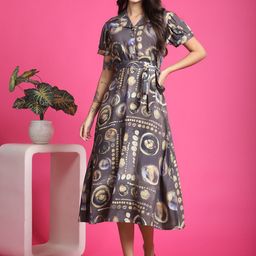 Claura Women  Abstract Print Puff Sleeves A-Line Midi Dress-image-55
