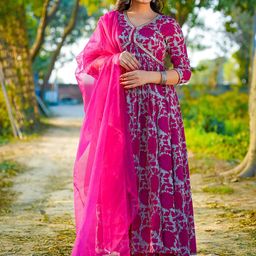 Mizaz Women Floral Printed Layered Pure Cotton Kurta with Trousers & With Dupatta-picture-24