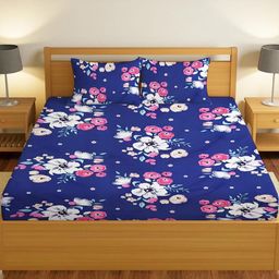 IVAZA Unisex Blue Floral 330 TC Queen Bedsheet with 2 Pillow Covers-image-5