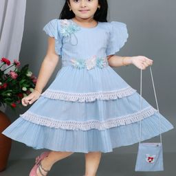 PN Fashion Girls Striped Flutter Sleeve Applique Cotton Fit & Flare Dress-image-82