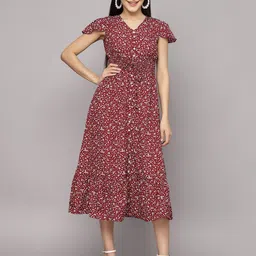 BAESD Women V-Neck Floral Printed Sleeve A-Line Midi Dress-image-52