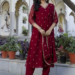 Nayo Floral Embroidered Thread Work Georgette Pleated Kurta with Trousers & With Dupatta-50