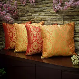 RoyalDeco Red & Orange Colored 4 Pieces Embroidered Brocade Silk Square Cushion Covers-2