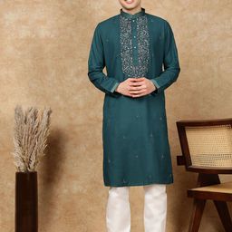 House of Pataudi Floral Embroidered Mandarin Collar Kantha Work Straight Cotton Kurta-picture-15
