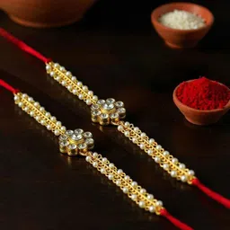 LUCKY JEWELLERY 2-Pcs Cubic Zircon Studded Rakhi With Roli Chawal & Greeting Card-33