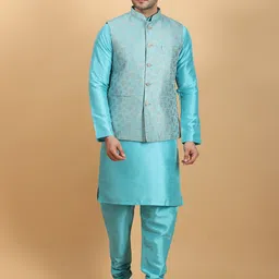 Ethluxis Mandarin Collar Jacquard Weave Straight Kurta with Churidar & Nehru jacket-10