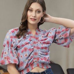 STYLECAST X KASSUALLY Floral Print Puff Sleeve Georgette Blouson Crop Top-image-45