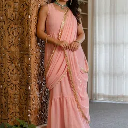 Jaipurite Solid Sequinned Border Pure Georgette Palazzo Saree-picture-11