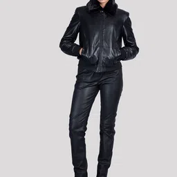 HUE & HIDE Women Geometric Leather Crop Biker Jacket-image-57
