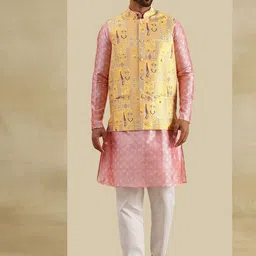 SOJANYA Geometric Woven Design Band Collar Straight Kurta With Pyjama & Nehru Jacket-3
