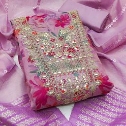 BlissFlair Floral Printed Sequinned Organza Unstitched Dress Material-image-42
