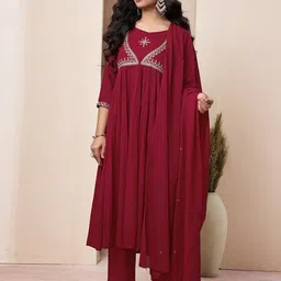 SANISA Women Red Cotton Blend Embroidered Kurta & Trousers With Dupatta-picture-36