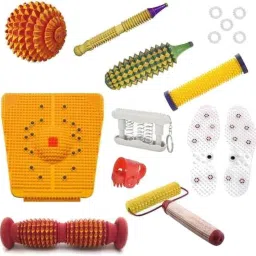 Acufit ACU073 Acupressure Massager Tools Combo Kit for Stress and Pain Relief with Foot Roller (Pyramidal cuts)(Wooden) + Bio - Magnetic Power Mat + Wooden Handle Roller + Thumb Pad + Pocket Exerciser + Shoe Sole + Energy Roller - Soft +Wooden Ball + Wooden Karela + Wooden Jimmy +5 Pc Massage Rings For Stress And Pain Relief Acupressure Tool Kit Massager-image-81