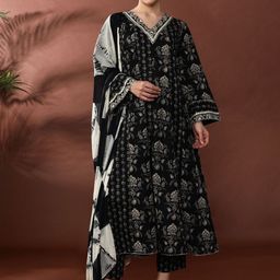 Anouk Floral Embroidered Thread Work Pure Cotton A-Line Kurta With Trousers & Dupatta-33