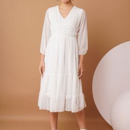 Chemistry Women Polka Dot V-Neck Puff Sleeves Fit & Flare Midi Dress-picture-23