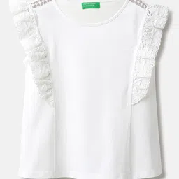 United Colors of Benetton Girls Cotton Flutter Sleeves Lace Inserts Reguar Top-image-90