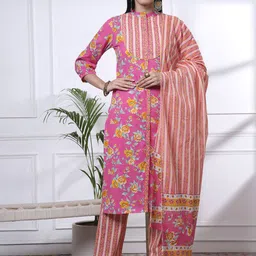 Yufta Women Floral Printed Sequinned Pure Cotton Kurta with Trousers & Dupatta-image-90