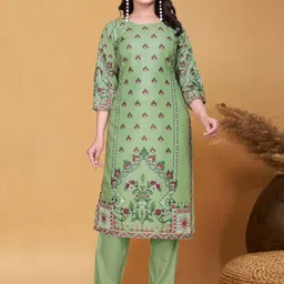 BINDUDI Floral Printed Round Neck Linen Straight Kurta With Trousers-image-29