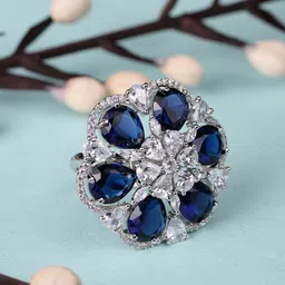 Saraf RS Jewellery Silver-Plated Blue & White AD Studded Adjustable Cocktail Finger Ring-image-59