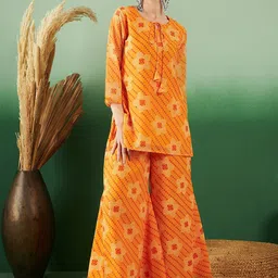 Sangria Orange Floral Printed V-Neck Tunic With Palazzos Co-Ords-picture-17