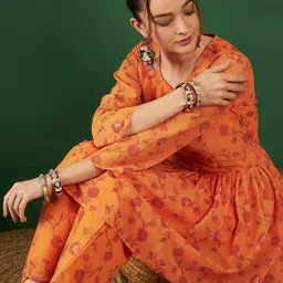 Sangria Orange Floral Printed Scoop-Neck Tunic With Trousers-picture-58