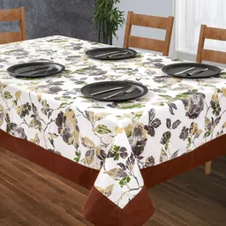 SHADES of LIFE Brown & White Floral Printed Pure Cotton 4 Seater Table Covers-49