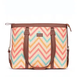 ZOUK Beige Geometric Printed Jute & Leather Structured Sustainable Laptop Shoulder Bag image 2