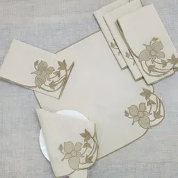 DESIGN GAATHA Cream Colored & Beige 6 Pieces Floral Embroidered Cotton Linen Table Napkins-8