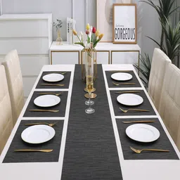 HOKIPO Black 7-Pieces Textured Rectangular Table Placemats & Table Runner image 3