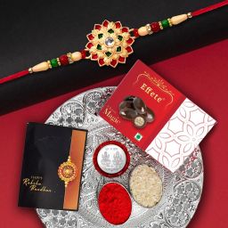 Designer Rakhi Combo with Dish| Choco Magic(32gm)|Rakhi for Brother/sister|K1_501_EM32+DS Assorted Rakhi, Chawal Roli Pack, Coins, Greeting Card, Thali Set-17