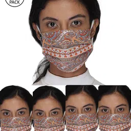 Anekaant Women Orange & White 5 Pcs 3-Ply Reusable Cotton Fabric Fashion Masks-6
