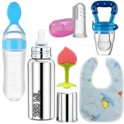 Steel Feeding Bottle, Spoon Bottle, Nibbler, Teether, Bib, Finger Brush Combo 6- plastic, Stainless steel-image-38