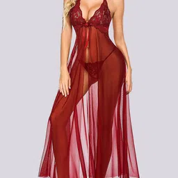 Herryqeal Maroon Net Baby Doll-image-77